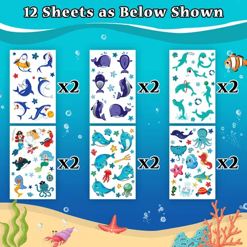 Miniatura 2 de Partywind Tatuajes temporales azules luminosos bajo el mar para niños, 170 estilos que brillan en el océano, playa, piscina, fiesta de cumpleaños