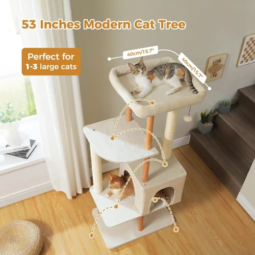 Miniatura 6 de PAWZ Road Árbol grande para gatos, torre de madera moderna de 53 pulgadas para gatos grandes de interior, condominios para gatos de varios niveles