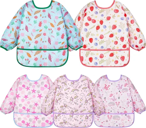 Miniatura 11 de Lictin Baberos de Manga Larga Paquete de 5 - Baberos para Bebé, Baberos Impermeables para Niños Pequeños, Delantal para Bebé para Comer, Baberos