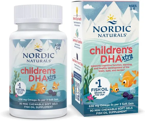 Nordic Naturals DHA Xtra, Berry Punch para niños, 90 mini geles blandos masticables para niños, 636 mg de omega-3 EPA y DHA, función cognitiva e