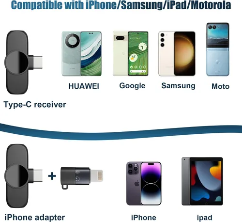 Miniatura 5 de Paquete de 2 micrófonos inalámbricos para iPhone, iPad, Android, portátil, mini micrófono con clip Plug-Play, micrófono de solapa profesional