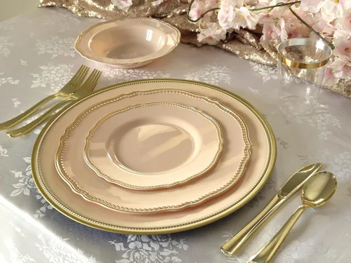 Miniatura 3 de OCCASIONS" Paquete de 50 platos (25 invitados) - Juego de platos de plástico desechables resistentes para fiestas de boda - 25 x 10.25'' para cena