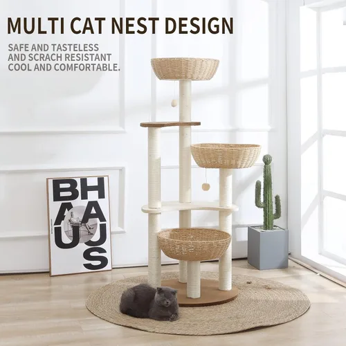 Miniatura 2 de Torre de árbol moderna para gatos de 52 pulgadas para gatos grandes, 3 nidos para gatos tejidos a mano, multinivel, enormes Paws Pals árbol