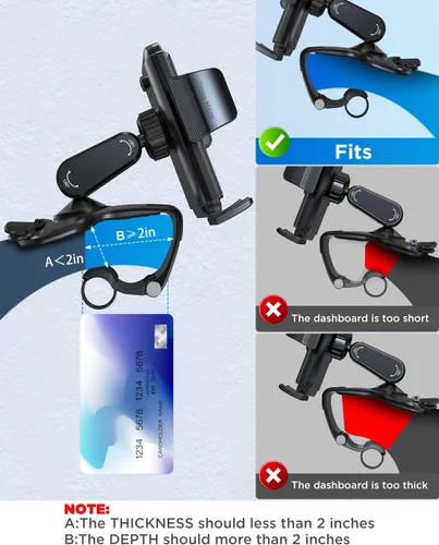 Miniatura 2 de IPOW Soporte de clip para teléfono del tablero del automóvil, rotación de 360 grados, soporte de abrazadera para teléfono del tablero y volante