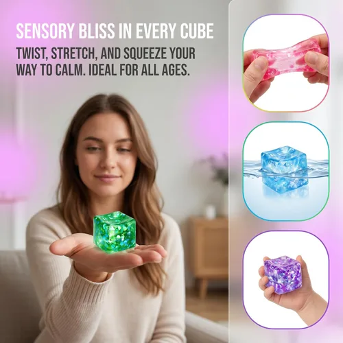 Miniatura 6 de 4 Pack Glitter Ice Cube Squishy, Slow Rising Stress Relief Toys, Square Stree Balls Fidget Toys for Adults Boys Girls, Squeeze Ball Sensory Toys for