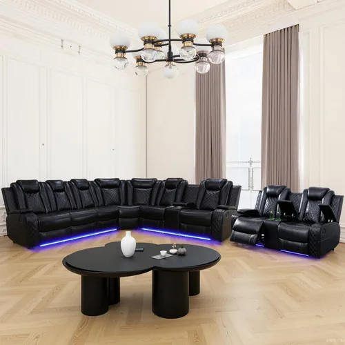 Miniatura 28 de Juego de sofá modular reclinable eléctrico con luz LED, juego de sofá modular reclinable de cuero, incluye sillón reclinable individual, juego