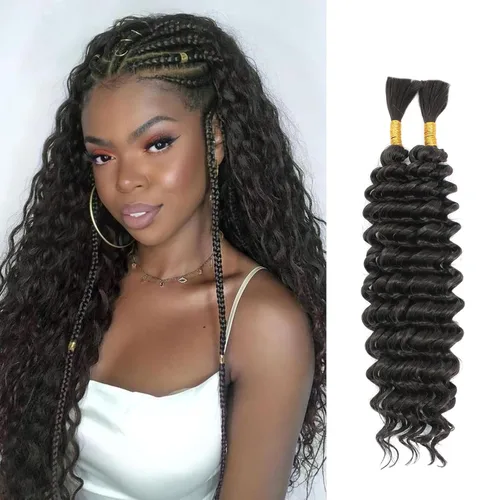 Miniatura 21 de Mezcla de cabello humano trenzado sintético bohemio para trenzar, 16 pulgadas de onda profunda a granel para trenzas bohemias, 2 piezas de cabello 1b