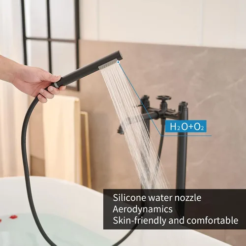 Miniatura 5 de BWE Grifos de bañera independientes de montaje en el suelo, latón macizo negro, mango único, moderno, llenado de bañera de baño, alto caudal