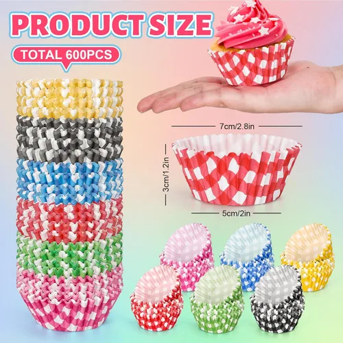 Miniatura 2 de Whaline 600 forros para cupcakes a cuadros de búfalo, coloridos envoltorios de cupcakes a cuadros para hornear muffins para baby shower, boda