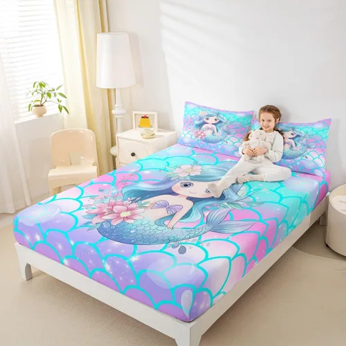 Miniatura 15 de Erosebridal Sábanas de cama de sirena azul para niñas, bonita sábana bajera ajustable de unicornio, 2 piezas, ropa de cama de arcoíris femenino