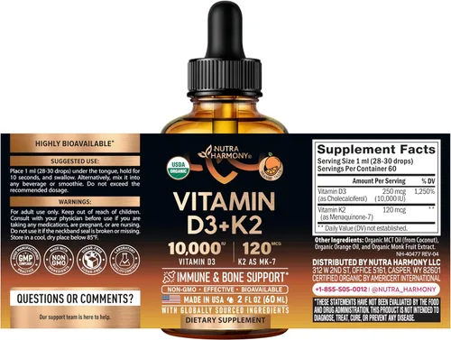 Miniatura 2 de Gotas Orgánicas USDA de Vitamina D3 K2 – Vitamina D3 10000 UI y K2 como MK-7 120mcg – Apoyo inmunológico y del estado de ánimo, salud de huesos