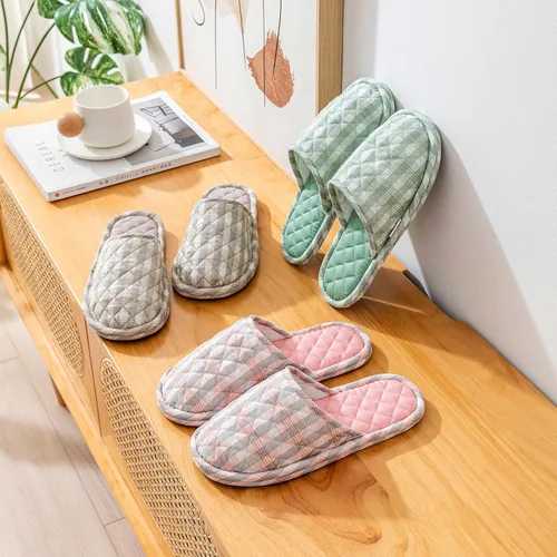 Miniatura 6 de 3 pares de zapatillas de casa florales de algodón para mujeres, zapatillas interiores de punta abierta cómodas lavables portátiles plegables