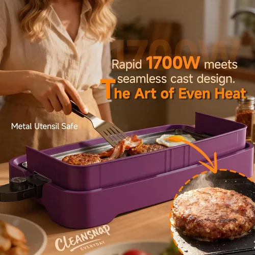 Miniatura 2 de Cleansnap - Plancha eléctrica diaria, gran regalo para fiestas familiares, parrilla antiadherente de 20 pulgadas con escudo plegable