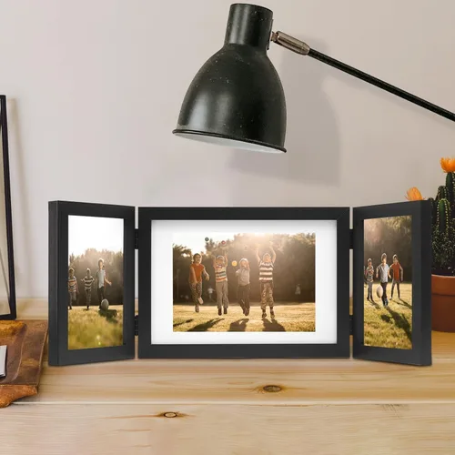 Miniatura 2 de 3 marcos de fotos plegables con bisagras de 4 x 6 y 5 x 7 pulgadas, múltiples marcos de fotos de madera para escritorio con paspartú para mesa