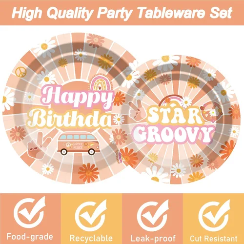 Miniatura 3 de Juego de vajilla de 149 piezas para decoración de fiesta de cumpleaños, incluye vajilla de papel desechable hippie de los años 60 para 24 invitados