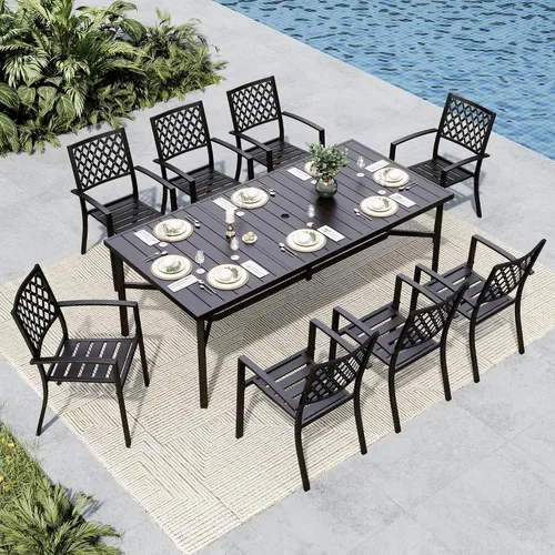 Miniatura 16 de MFSTUDIO Juego de comedor al aire libre para 8, juego de mesa y sillas de metal para patio, juego de muebles de patio de 9 piezas, juego de comedor