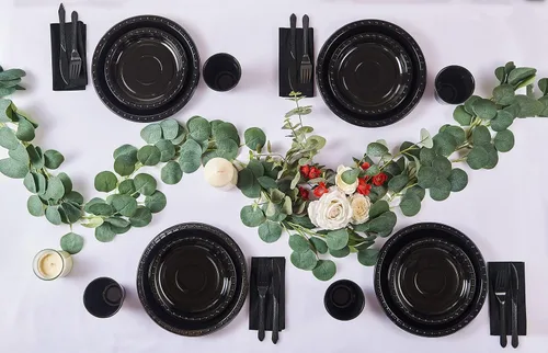 Miniatura 5 de 175 piezas de suministros para fiestas negros, juego de vajilla desechable, platos de plástico y servilletas de papel, vasos, cubiertos, sirve 25