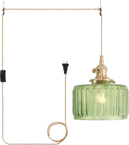 Miniatura 37 de Shenmoyl Lámpara colgante con pantalla de vidrio transparente a rayas, luz colgante vintage de latón, luz colgante ajustable para cocina, isla