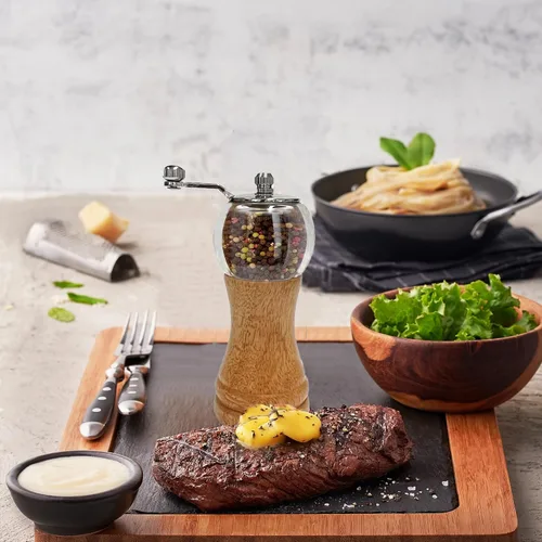 Miniatura 6 de Juego de molinillo de sal y pimienta, molinillo de pimienta de madera de acacia con grosor ajustable, molinillo de hoja de cerámica recargable