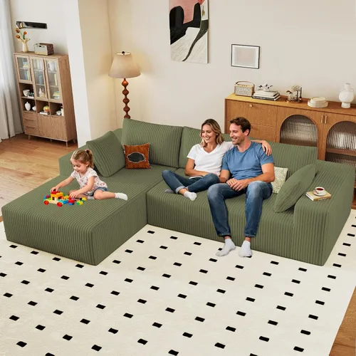 Miniatura 66 de Sofá seccional modular de 96", sofá en forma de L tipo nube sin estructura con chaise lounge, tapizado de pana con asiento profundo de espuma Negro
