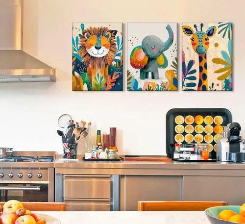Miniatura 3 de 3 piezas de lienzo de animales de safari para guardería, arte de pared, lindo elefante acuarela, jirafa, león, decoración de pared, coloridos Póster