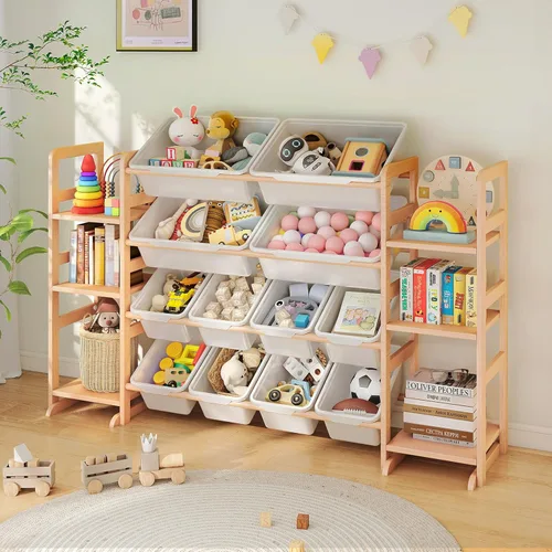 Organizador de almacenamiento de juguetes de madera con 6 estantes y 12 contenedores, organizador de juguetes para niños, estante de juguetes para