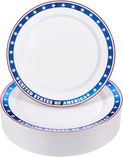 Miniatura 10 de BESTVIP 100 platos de plástico plateados, platos desechables de 10.25 pulgadas para fiesta con borde plateado para Navidad, Acción de Gracias