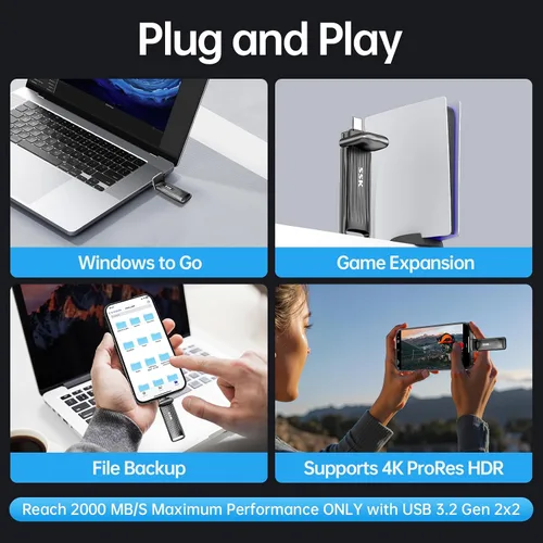 Miniatura 5 de SSK Unidad Flash USB C de 1TB Máximo hasta 2000mb/s Disco Duro Externo Rápido USB 3.2 Gen 2x2 SSD Externo Portátil Thumb Drive Aleación de Zinc USB