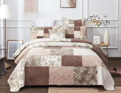 DaDa Bedding - Juego de colcha de retazos de algodón con diseño floral de color rosa polvoriento, color gris pardo, suave, de pana apagada, color