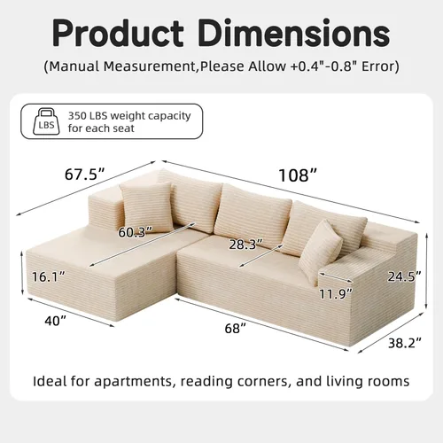 Miniatura 2 de Bashaw 108" Cloud Sectional Boneless Couches Sofa with Chaise, Modular L-Shape Couch Deep Seat Memory Foam Compressed Sofa for Living Room