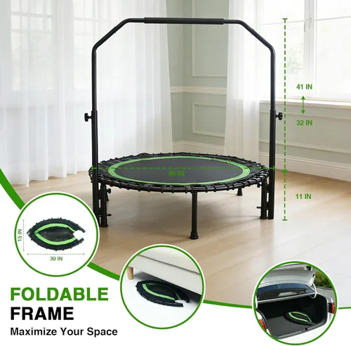 Miniatura 6 de Mini trampolín rebotador de 40 pulgadas para adultos con asa, mini trampolín plegable con cuerdas elásticas, mango de espuma ajustable, estable