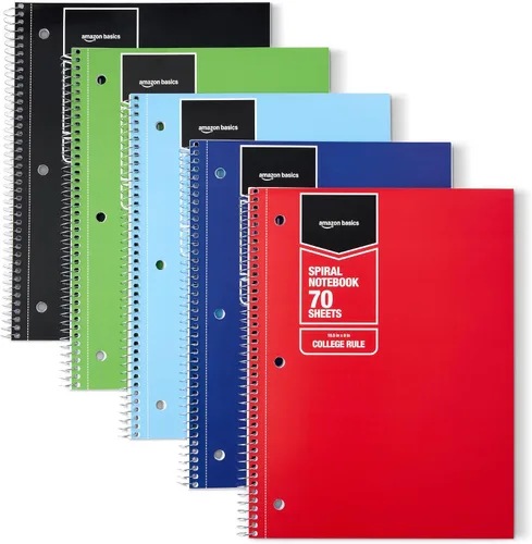Amazon Basics Cuaderno espiral con rayas universitarias, 70 hojas, 10.5 x 8 pulgadas, colores sólidos surtidos, paquete de 5 Varios colores lisos