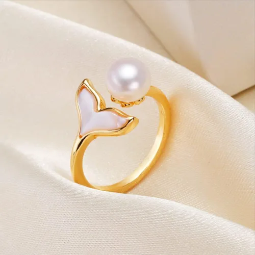 Detalle Anillo de cola de sirena de ballena de la suerte de oro de 18 quilates 4A Embalaje de concha real Abierto Ajustable BlancoRosaRosa Púrpura