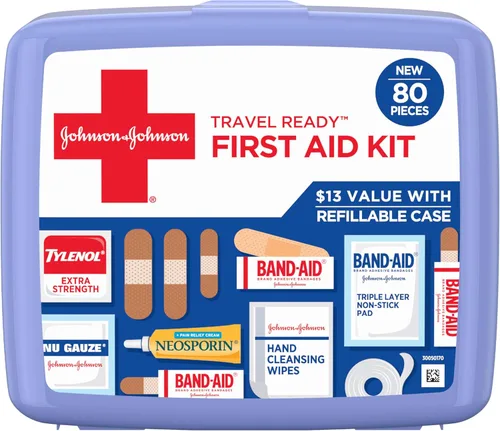 BAND-AID Brand Travel Ready Kit de primeros auxilios de emergencia portátil para cuidado de heridas menores, perfecto para el hogar, automóvil,