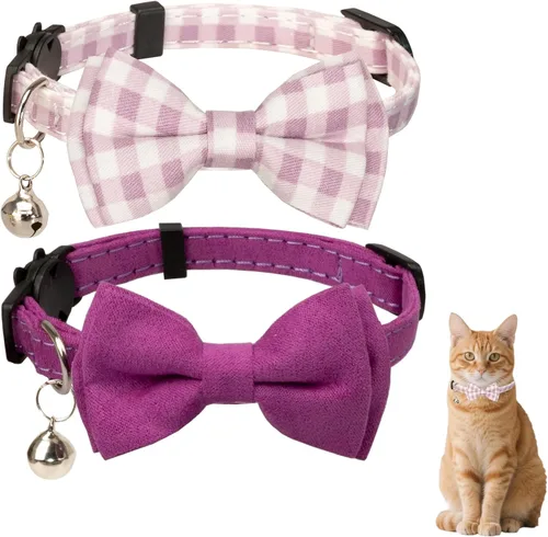 Miniatura 9 de Collar de gato con campana para niño y niña, pajarita de seguridad, a cuadros, color sólido, conjunto de regalo, lindo festivo, [2 piezas], verde