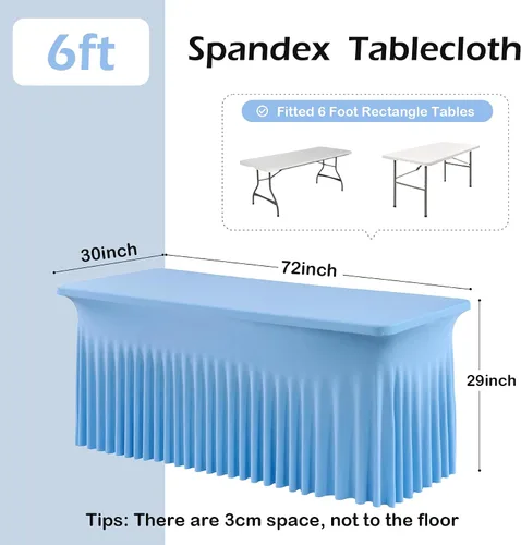 Miniatura 4 de Paquete de 2 manteles de elastano azul bebé de 6 pies con falda de mesa con volantes, manteles ajustables elásticos sin arrugas para mesas