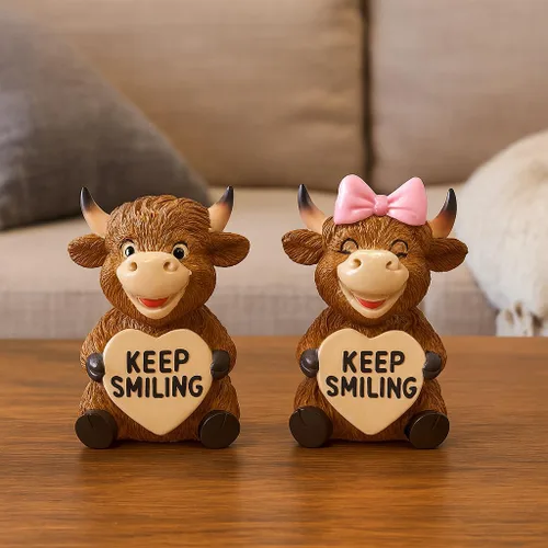 Miniatura 6 de iStatue Paquete de 2 figuras de resina de vaca Highland de 3.6 pulgadas – Lindo regalo Sigue Sonriendo para Navidad, día de San Valentín