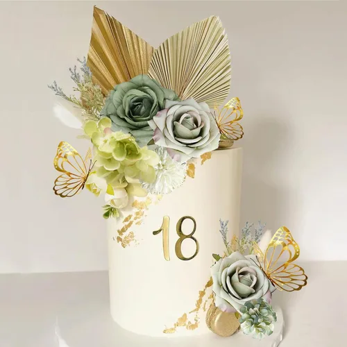 Decoración de pastel bohemia con hojas de palma, flores verdes polvorientas y mariposas, decoraciones para pasteles para boda bohemia, baby shower,