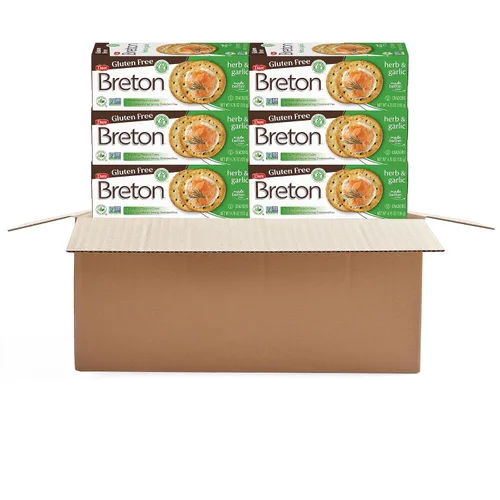 Breton - Galletas sin gluten, hierbas y ajo (paquete de 6) – Snacks saludables sin gluten sin colores ni sabores artificiales – Hecho con harina de