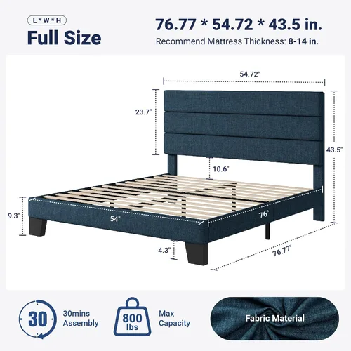 Miniatura 2 de Allewie Base de cama de plataforma de tamaño completo con cabecera tapizada de tela y soporte de listones de madera, base de colchón totalmente Azul