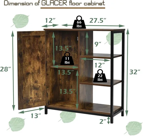 Miniatura 3 de GLACER Armario de piso de estilo industrial, gabinete de almacenamiento de piso multifuncional con estante ajustable, ideal para sala de estar