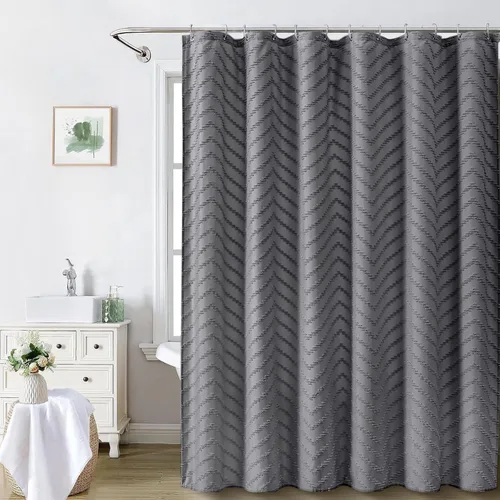 Miniatura 7 de Cortina de Ducha Boho Gris con Textura Tufted a Rayas Chevrón Shabby Chic, Cortinas de Ducha de Tela Texturizada para Baño, Cortina de Ducha