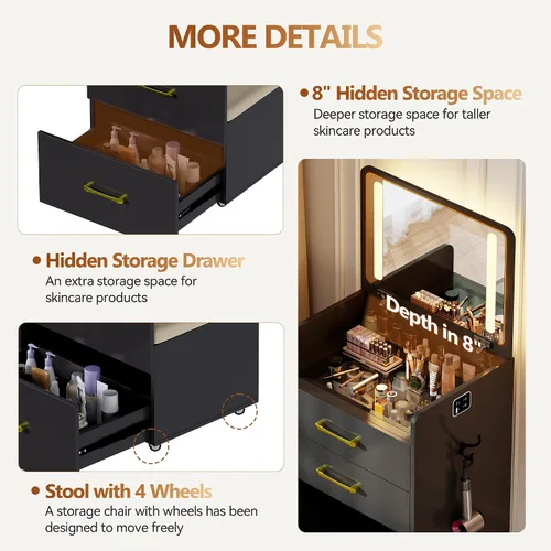 Miniatura 7 de Escritorio de tocador 3 en 1 con espejo abatible y luces, mesa de tocador de maquillaje con parte superior de vidrio con estación de carga, tocador