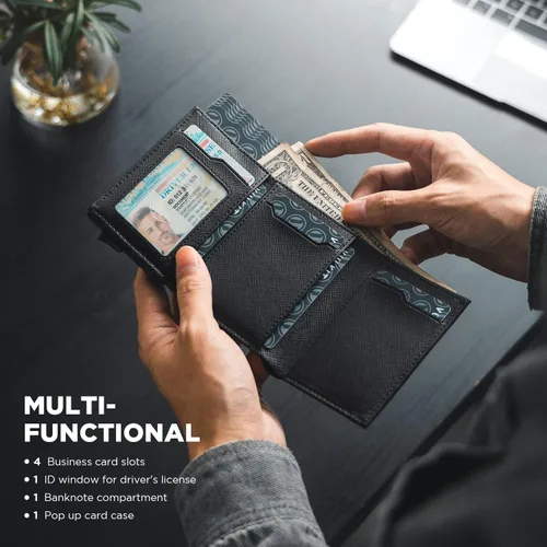 Miniatura 6 de VULKIT Tarjetero de crédito con compartimento para billetes de banco, bloqueo RFID, cartera de cuero desplegable con ventana de identificación