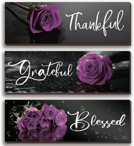 ZINYAZHE 3 piezas de decoración de baño morada, arte de pared con diseño de rosas inspiradoras, letrero de cocina morado y negro, decoración de