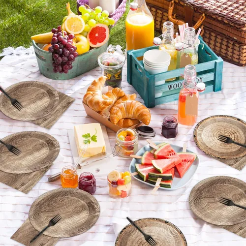Miniatura 5 de 96 piezas de suministros de madera rústica para fiesta de árbol, juego de vajilla de leñador, decoración de fiesta de camping, caza, suministros