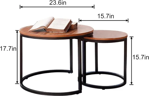 Miniatura 3 de aboxoo Mesa auxiliar redonda anidable, juego de 2 mesas auxiliares, marco de metal resistente, centro de mesa, sala de estar, dormitorio, Negro
