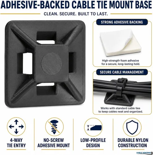 Miniatura 2 de Kable Kontrol Soportes para bridas de cremallera, 1/2 pulgada cuadrada, color negro, 100 unidades, con respaldo adhesivo, multiusos, resistentes a