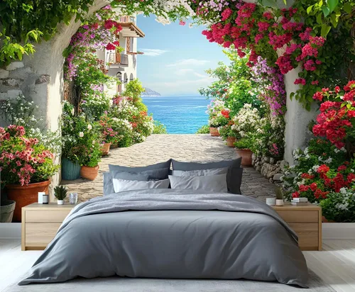 Miniatura 9 de Papel tapiz 3D de bicicleta rosa vintage, murales de flores de paisaje de primavera para sala de estar, pintura al óleo, papel tapiz rústico
