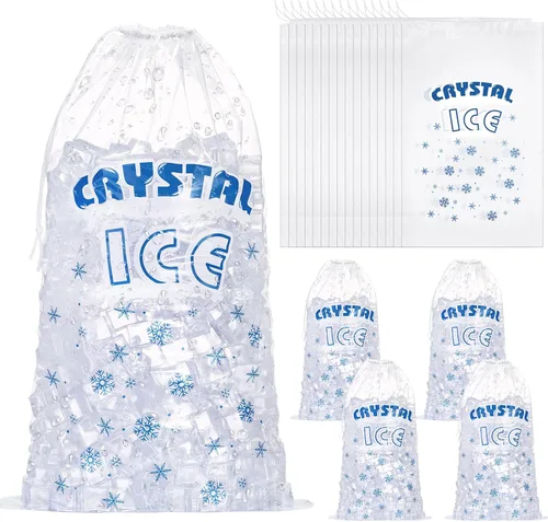 Honoson 100 bolsas de plástico para almacenamiento de hielo de 8 libras con cierre de cordón de algodón para barbacoas, campamentos, puestos de